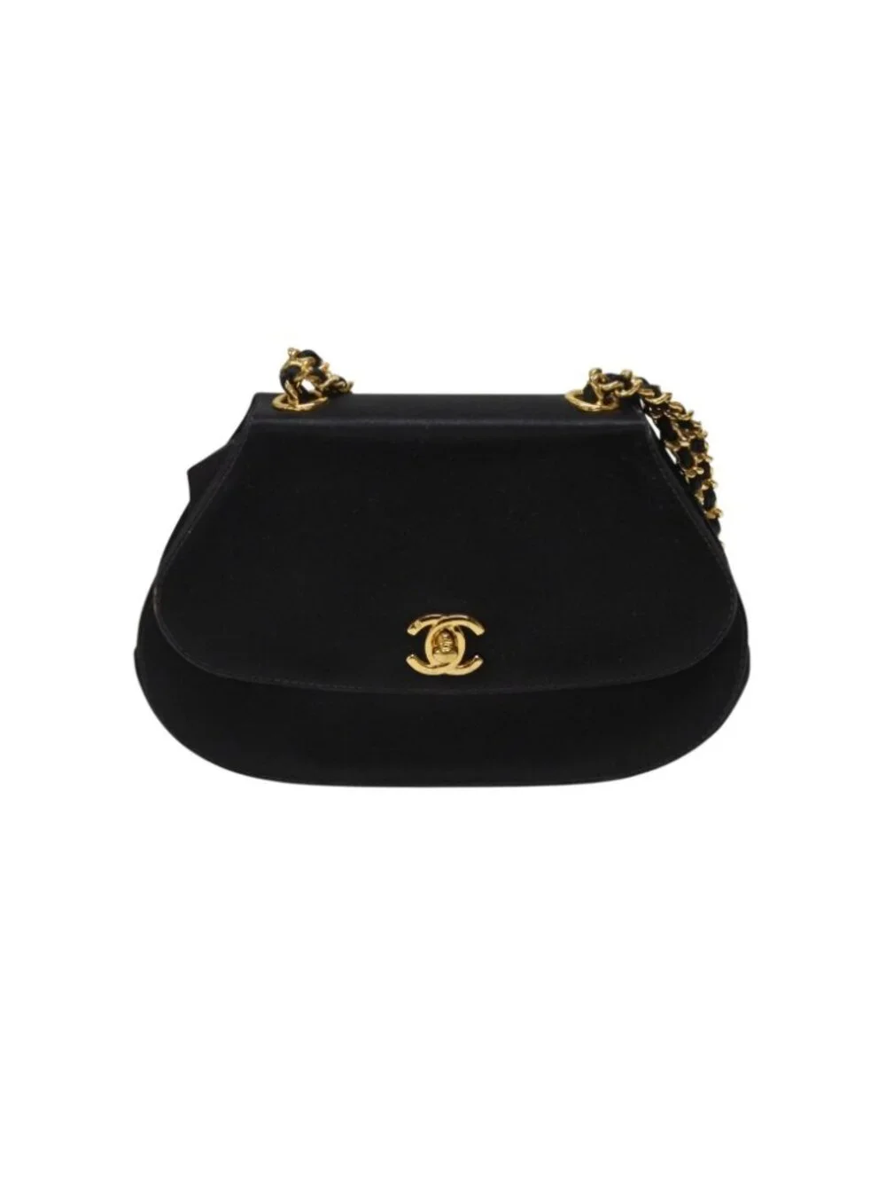 Chanel Half Moon Chain Bag CC Logo Satin Leather Black Gold